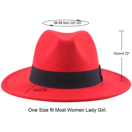 Lanzom Women Wide Brim Warm Wool Fedora Hat Retro Style Belt Panama Hat (Red, One Size)