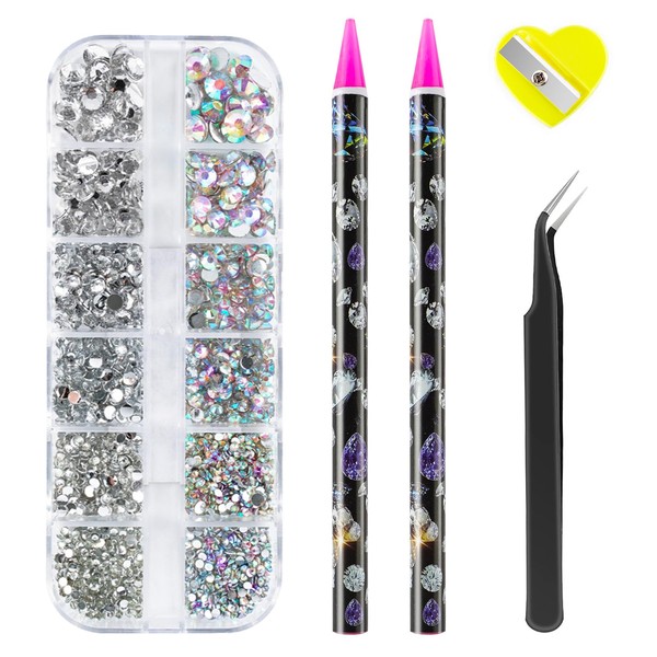 Rhinestones 1500PCS in 6 Sizes Flat Back Gems, Crystal AB Art Gems with Pick Up Tweezers and Picker Dotting Pen for Nails, Makeup, Craft by Canvalite