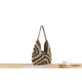 Teeya Straw Crossbody Bag Women Weave Shoulder Bag Round Summer Beach Purse and Handbags (Black)