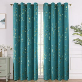 BUHUA Blackout Curtain 2 Panel Set Silver Vine Foil Print Thermal Insulated Drapes Room Darkening Curtains Grommet Window Treatment, 52 x 84 Inch, Teal Blue