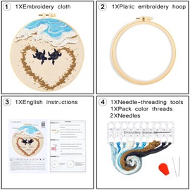 Crafmanoe Beach Embroidery Kits for Beginners Adults, Coastal Stamped Cross Stitch Kits for Beginners Adults, Hand Embroidery Needlepoint Starter Kits, Valentine's Day Gift for Women (Video Tutorial)