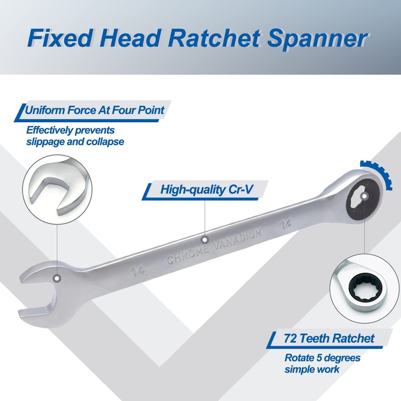DAKCOS Fixed Head Ratchet Spanner 14mm Ratcheting Combination Wrench Chrome