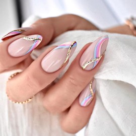 24 Pcs Short Almond Press on Nails, ASONRL Solid Pink Medium Fake Nails with Colored Stripe - Nail Glue Mini Nail File Kit Reusable Acrylic False Nails for Women, Almond Colored Stripe