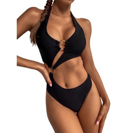 Hilinker Women's O-Ring Cutout Halter One Piece Swimsuit High Cut Bathing Suit Black Small