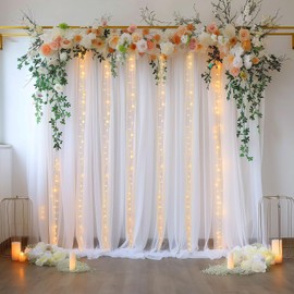 HAEFOO White Tulle Backdrop Curtains with Lights String for Parties - 10×8Ft Sheer Backdrop Curtains with Lights for Wedding, Baby Shower, Birthday Party, Photo Shoot Background Decoration