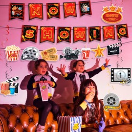 Movie Night Party Swirl Banner, 8pcs Movie Night Birthday Party Decorations Set - Movie Night Hanging Swirl & Movie Night Now Showing Banner for Movie Theme Party Decorations & Movie Night Decorations