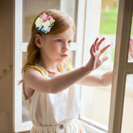 Colorful Flower Hair Bow Clips 2.95 Inch Grosgrain Ribbon Hairpins Handmade School Cheer Hair Accessories for Kids Girls, Yellow&Blue&Purple&Green&Pink