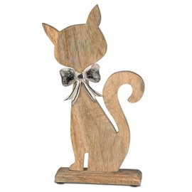 formano Decorative Cat Aluminium Mango Wood Base 31 x 16 cm Decorative Stand Table Decoration Silver Matt Sculpture Modern Home Decoration Flower Figure Gift Idea Living Room Office