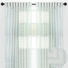 Chanasya Premium 2-Panel Embroidered Design Sheer Curtain Panels - for Windows Living Room Bedroom Kitchen Office - Semi Translucent Window Drapes for Home - 52 x 63 Inches Long - Green Pearl