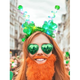 Lorealri St Patrick's Day Headband Light Up Green Shamrock Head Band LED Handmade Glowing Irish Festival Party Rave Hair Accessories for Women (Green B, One Size)