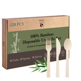 100% Bamboo Cutlery 120 Pack Set Disposable Compostable Utensils With Forks, Spoons And Knives - Eco-Friendly Biodegradable Party Cutlery (120 Assorted Set)