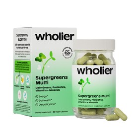 wholier Supergreens Multi, Daily Greens, Plant-Based Multivitamin, Adaptogens, Prebiotics for Gut Health, Whole Food Vitamins + Minerals (60 Vegan Capsules) Glass Bottle