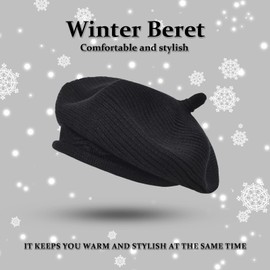 Women French Beret Hat Beanie Gloves Winter Knit Knitted Warm Wool Slouchy Paris Basque Baret Barrette Artist Cap Black Classic Solid Color, Boinas de Mujer, Gifts for Ladies