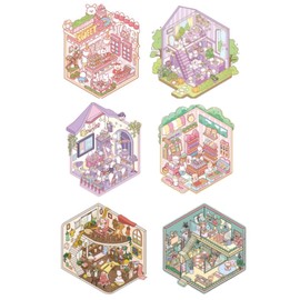 6 Pieces DIY 3D House Scene Sticker Set, Cartoon 3D Sticker Scenes, Build Your Own Mini House, Convenience-Shop Apartment Adult Therapy for Adults for Stress Relief and Pastime