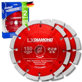LXDIAMOND 2 x Diamond Cutting Disc 150 mm x 22.23 mm for Angle Grinder Wall Chaser Slot Cutter - 150 mm Diamond Disc for Stone Concrete Brick Masonry - 150 mm Stone Disc in Professional Quality