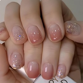 Calkkrer Pack of 24 Blush Ombre Press On Nails, Short Square Nails for Sticking, False Nails with Glitter, French Nail Tips, Artificial Nails