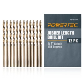 POWERTEC 1/8" Cobalt Drill Bits - 12 Pack - 2-3/4" Length - M35 HSS Jobber Length Twist Bits with 135° Tip for Drilling Wood, Metal, Stainless Steel, Nickel Alloy, Cast Iron & Plastic (QDB2014)