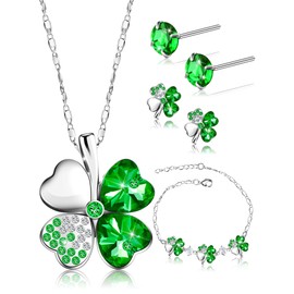 Sasylvia 4 Pieces St. Patrick's Day Rhinestone Jewelry Set for Women Lucky Four Leaf Clover Necklace Bracelet 2 Green St. Patrick's Day Shamrock Stud Earrings for Irish Party Accessories Gifts