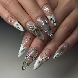 24 Piece Short Press On Nails, Black, White And Nude Design With Jewels, Almond Shape, With Nail File, Cuticle Pusher, Adhesive Tape, Nail Glue