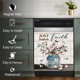 Blooming Cotton Flower Dishwasher Magnet Cover,Rustic White Flowers Dishwasher Cover Magnetic Front Decorative,Farmhouse Fridge Decal Refrigerator Sticker Appliancce Door Decor 23"x26"