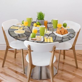 Brown Stone Pattern Round Table Cover with Elastic Edge, Fitted Tablecloth Waterproof Wipeable Round Table Cover for Kitchen Dining Party Holiday Fits Outdoor Round Plastic Table Cloth 40-44 In