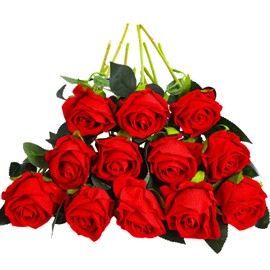 SULOLI SULOLI 12PCS Artificial Roses,Single Long Stem Fake Rose Silk Bridal Wedding Bouquet Realistic Flower for Home Garden Party Hotel Office Decor(Red)