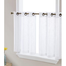 HLC.ME Abbey Faux Linen Textured Semi Sheer Privacy Light Filtering Transparent Grommet Short Thick Cafe Curtain Tiers for Small Windows, Kitchen & Bathroom, Set of 2 (35 W x 2 4 L, White)