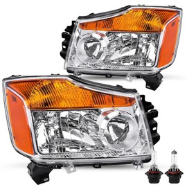 JSBOYAT Headlight Assembly Compatible with 2004-2015 Nissan Titan / 2004 Pathfinder Armada / 2005-2007 Armada Chrome Housing Halogen Headlamp Driver and Passenger Side Bulbs Included