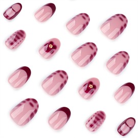 Short Oval Press on Nails Almond Fake Nails with Designs Brown Red French Tip False Nails Leopard Print Flower Acrylic Nails Glue on Nails Artificial Nail Supplies Stick on Nails for Women 24 Pcs