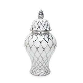 Homeroots 17" White and Silver Ceramic Geometric Round Ginger Jar