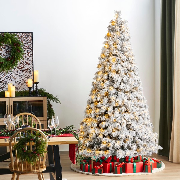 Glitzhome 7.5ft Pre-Lit Artificial Christmas Tree, Snow Flocked Full Spruce