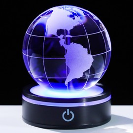 YWHL 3D Earth Crystal Ball with with Colorful Light Base, Laser Engraved Earth Figurine Sphere Collection Decor, Birthday Christmas Globe Gifts for Astronomy Lovers(80mm)