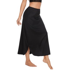 MANCYFIT Long Half Slip for Women Under Dress Satin Slip Skirt Extenders 36" Maxi Underskirt Black Medium
