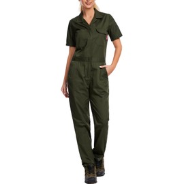 WORK IDEA Women's Short Sleeve Coverall Lightweight Snap-Front Cotton Work Jumpsuit, Army Green, L