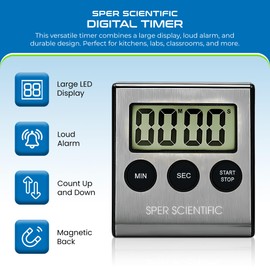 Sper Scientific Stainless Steel Digital Lab + Kitchen Timer 810028A – Compact Design Timer with Large Display & Loud Alarm - for Cooking, Baking, Labs, Workouts & More - 4 pc