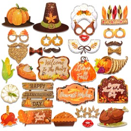 HOWAF Glitter Thanksgiving Fall Harvest Photo Booth Props Kit, 30 pcs Turkey Pumpkin Thanksgiving Photo Booth for Funny Thanksgiving Day,Happy Thanksgiving Day Party Decorations
