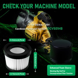 4 Pack Replacement DCV501HB & DCV5011H HEPA Filters Compatible with DEWALT DCV501HB 20V Cordless Handheld Vacuum with 8 Foam Sleeve Filters & 1 Cleaning Brush