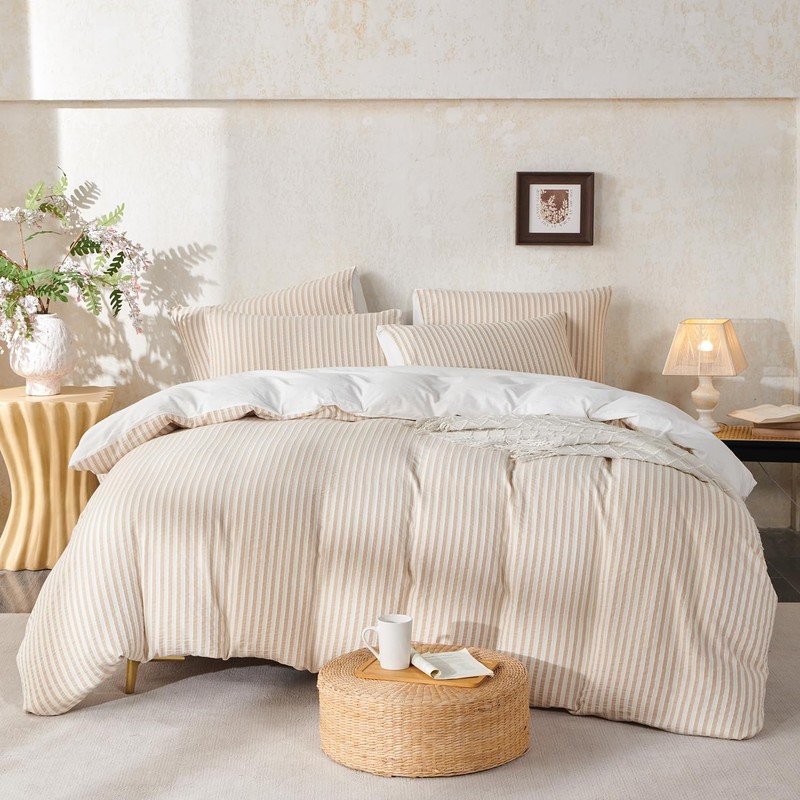 BUPIRD Queen Size Comforter Set Beige Striped 100% Soft Washed