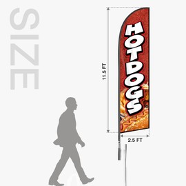 Hotdogs Feather Flag Banner - 11.5x2.5 Ft Advertising Swooper Flag for Outdoor Business and Events Promotion - Hotdogs Signs Windless Full Sleeve Banner for Restaurants, Diners, Markets