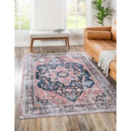Unique Loom Yara Collection Area Rug - Aramis (5' 1" x 8' Rectangle, Navy Blue/ Beige)