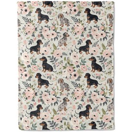 ainori Floral Dachshund Flannel Blanket - Adorable Puppy and Pastel Flower Throw,Gifts for Women & Dog Lovers, Ultra Soft & Warm,Lightweight,for Couch Bedroom Living Room Boho Decor 40x50in