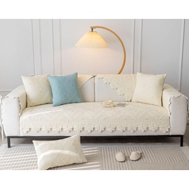 vctops Farmhouse 100% Cotton Quilted Couch Cover Floral Embroidered Sofa Cover Non-Slip Soft Sofa Slipcover Washable Furniture Protector (Cream,43"x70")