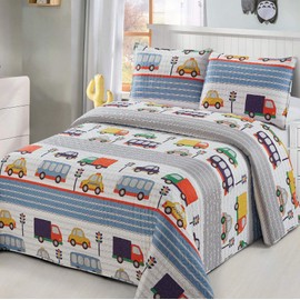 3pc Full/Queen Size Quilt Bedspread Kids/Teens Boys Transportaions Cars Trucks Bus Traffic
