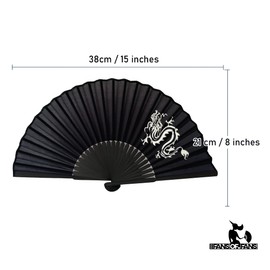 FANSOF.FANS Black Silk Fabric Folding Hand Held Fan with a Pouch Bamboo Ribs Chinese Vintage Handheld Girls Women Wedding Party Favour Gift (Dragon Art)