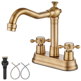 Aolemi 4 Inch Centerset Bathroom Sink Faucet Vintage 2 Cross Handles RV Mixer Tap Basin Vanity Lavatory Utility for Sink 3 Hole Include Water Hose Pop Up Drain with Metal Cover Antique Brass