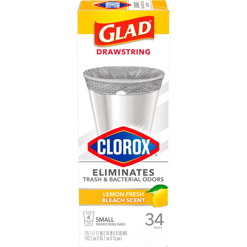 Glad Small Drawstring Trash Bags with Clorox, 4 Gal, Lemon