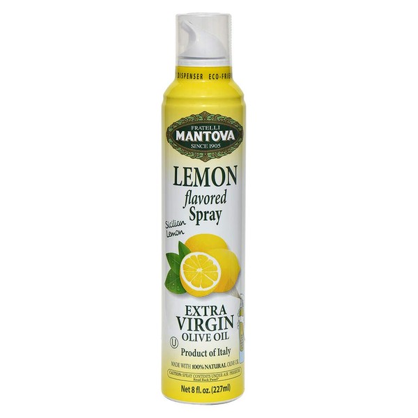 Mantova Lemon Flavored Extra Virgin Olive Oil Spray, heart-healthy cooking spray perfect for salads, pasta sauces, or grilling, 100% natural cooking oil made in Italy, olive oil dispenser bottle sprays, drips, or streams with no waste, 8 oz