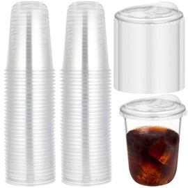 Foxtell 100 Pcs 16 Oz Clear Plastic Cups with Strawless Sip Lids Disposable Round Bottom Togo Cups for Iced Coffee Smoothie Beverage Cold Drinks Disposable Iced Coffee Cups for Party Catering BBQ