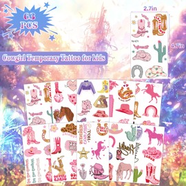 UVUXO Cowgirl Temporary Tattoo for kids - 62 Styles Pink Temporary for Girls Boy Body Arm Shoulder Cute Tattoos Stickers, Girls Party Favors Cowgirl Party Supplies Gifts for Kids