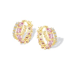 Mesovor Gold Zircon Double Hoop Earrings for Women, 14K Gold Plated Square Colored Cubic Zirconia Hoops Earrings Jewelry Gifts (Pink)